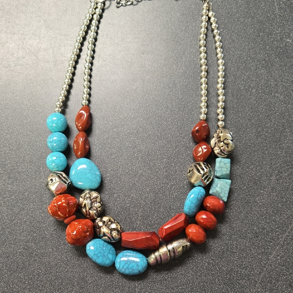 Vibrant Turquoise and Red Beaded Necklace